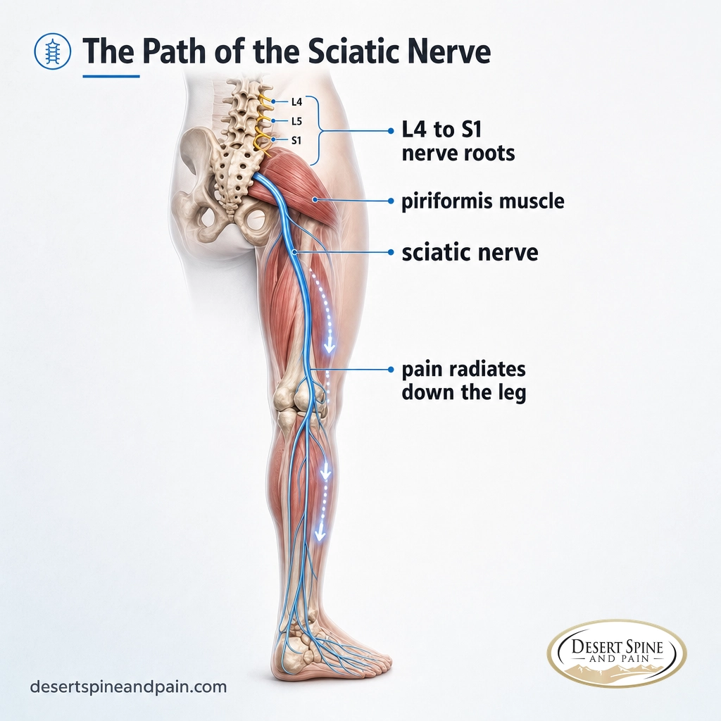 Diagram of the sciatic nerve forming from the L4 to S1 roots and running through the buttock down the leg