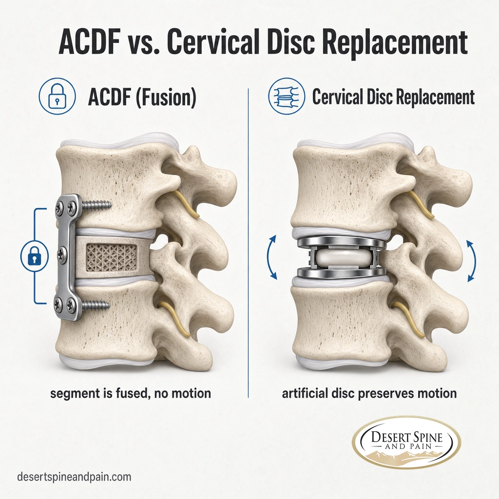 Side-by-side diagram comparing an ACDF fusion with a plate to a cervical disc replacement with a motion-preserving artificial disc