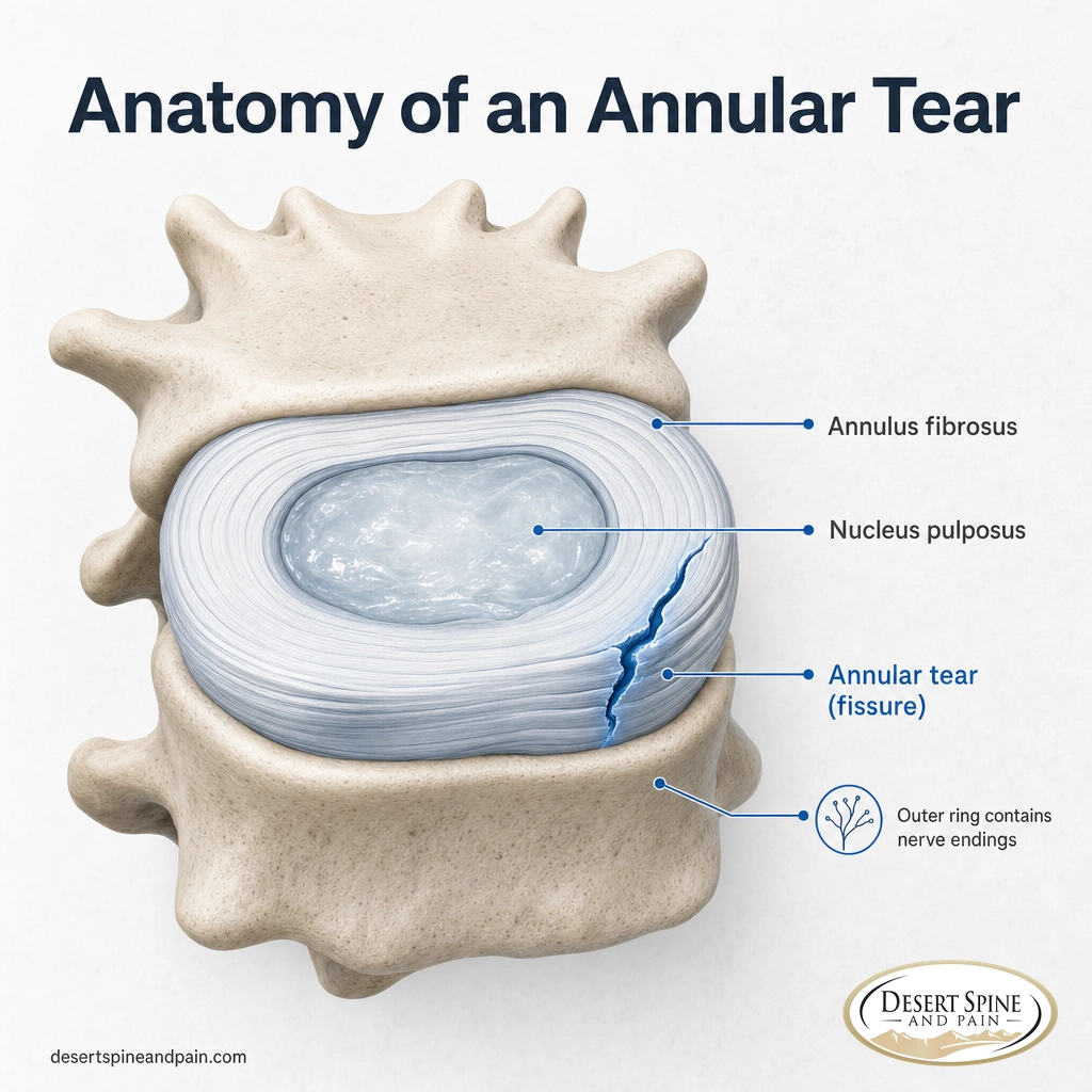 Cross-section diagram of a spinal disc showing the annulus fibrosus, nucleus pulposus, and an annular tear