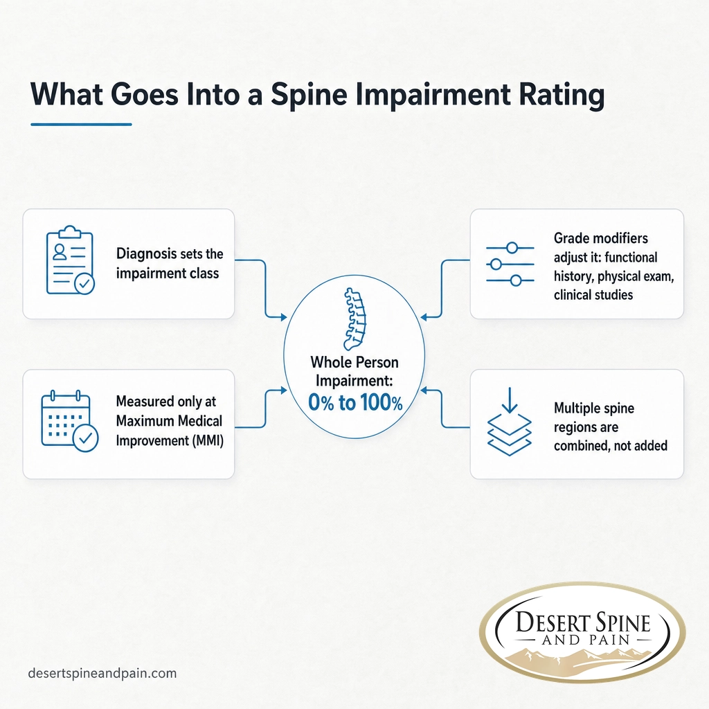 Infographic of the four inputs that make up a spine impairment rating Infographic of the four inputs that make up a spine impairment rating