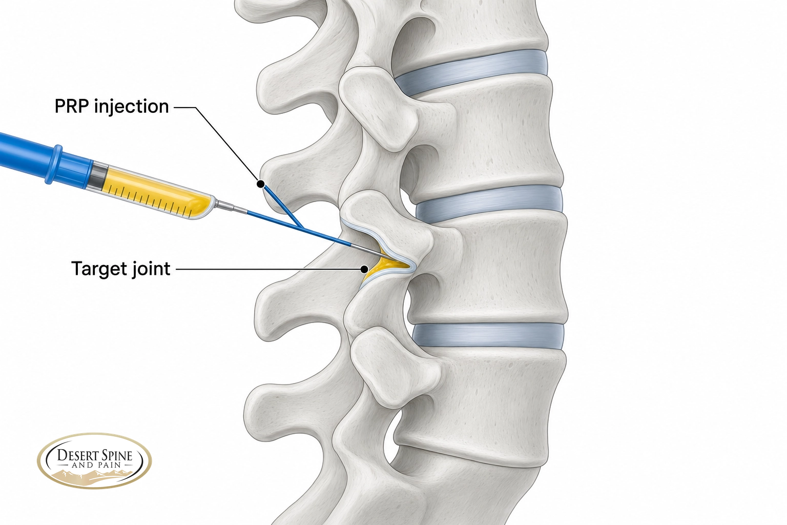 Diagram of a needle injecting platelet-rich plasma into a spinal joint