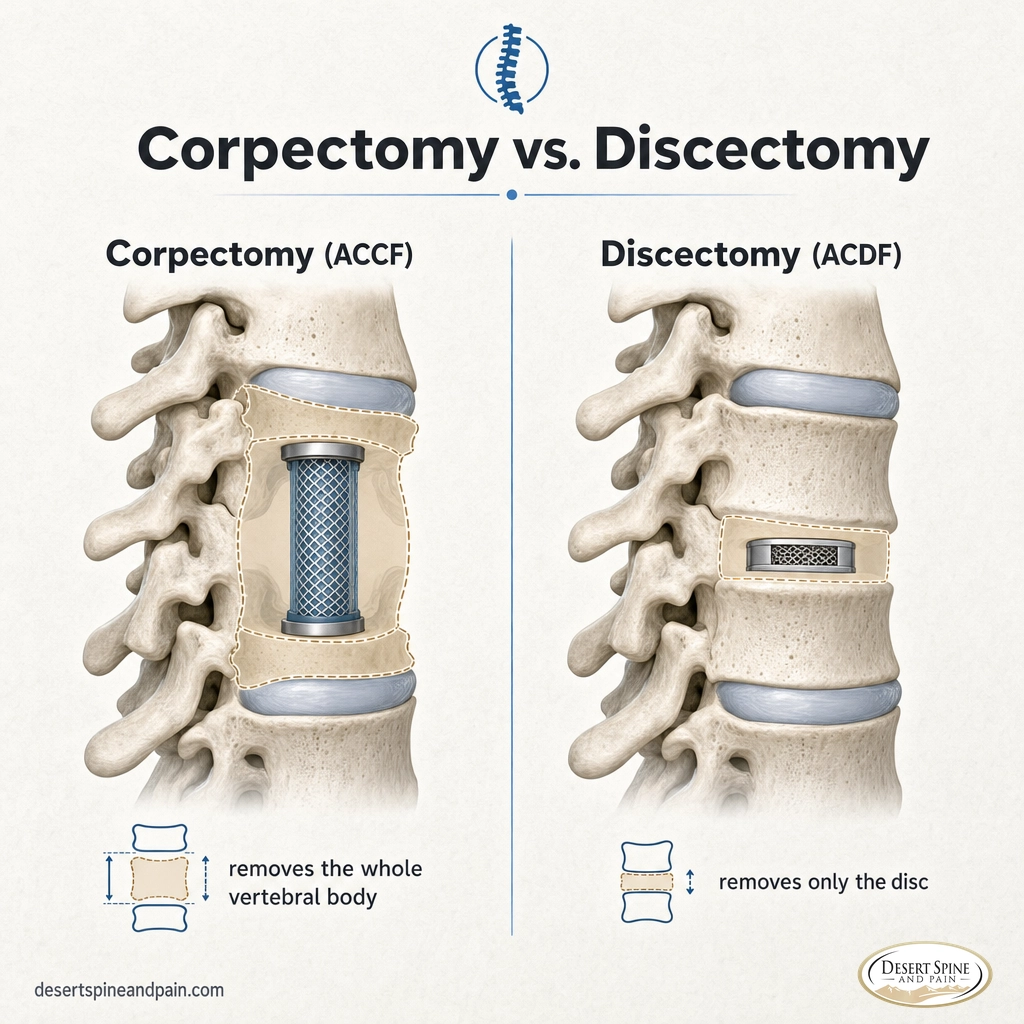 Side-by-side diagram comparing a cervical corpectomy removing a vertebral body to a discectomy removing only a disc