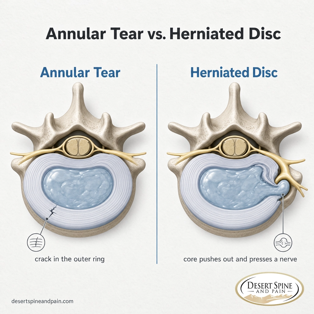 Side-by-side diagram comparing an annular tear with a contained core to a herniated disc pressing on a nerve