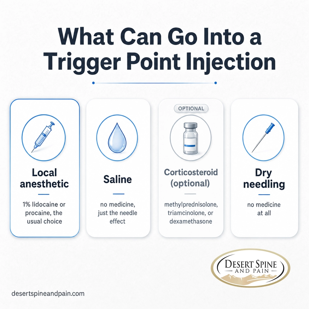 Infographic of trigger point injection options: anesthetic, saline, optional corticosteroid, and dry needling Infographic of trigger point injection options: anesthetic, saline, optional corticosteroid, and dry needling