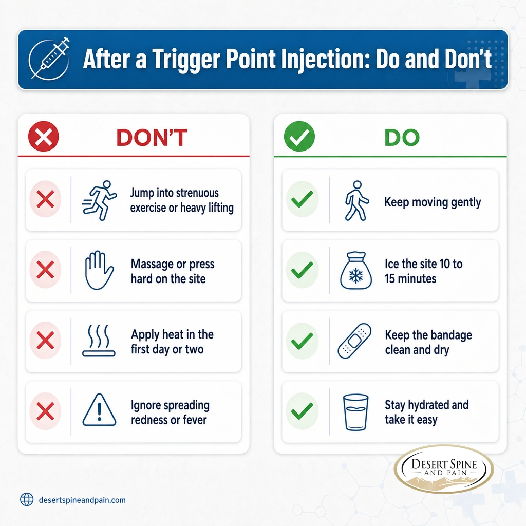Do and don't checklist for trigger point injection aftercare with red X and green check items