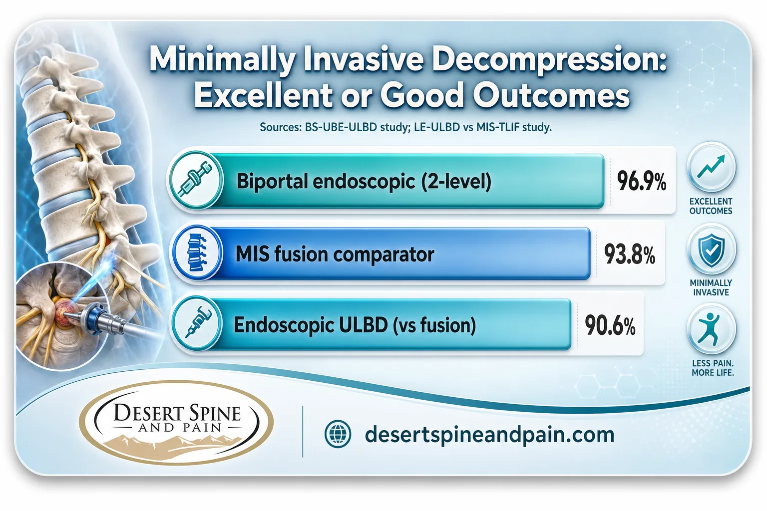 Bar chart of excellent or good outcomes for endoscopic decompression and minimally invasive fusion Bar chart of excellent or good outcomes for endoscopic decompression and minimally invasive fusion