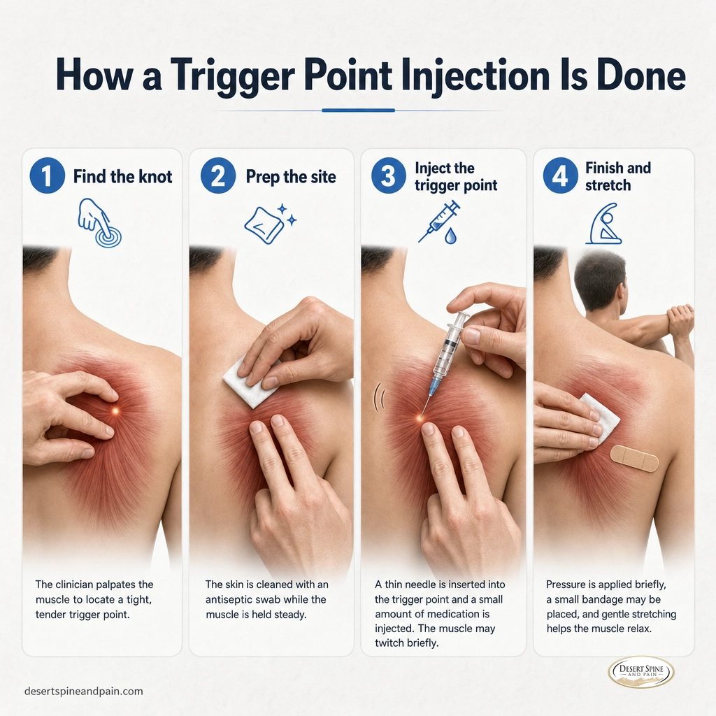 Four-step diagram of a trigger point injection: find the knot, prep, inject, and stretch Four-step diagram of a trigger point injection: find the knot, prep, inject, and stretch