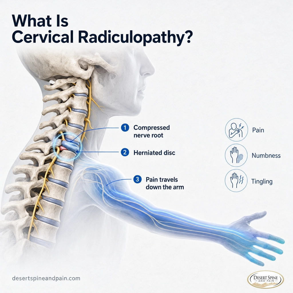 Diagram of a compressed cervical nerve root with pain radiating from the neck down the arm Diagram of a compressed cervical nerve root with pain radiating from the neck down the arm