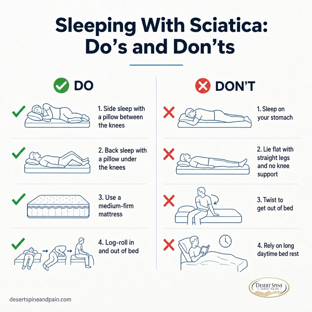 Two-column do's and don'ts infographic for sleeping with sciatica with green checks and red X marks Two-column do's and don'ts infographic for sleeping with sciatica with green checks and red X marks