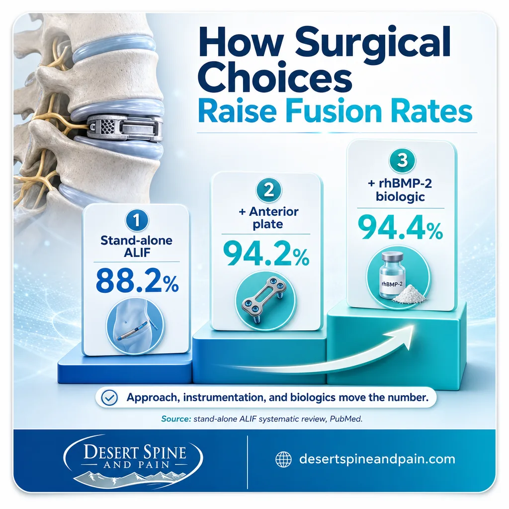 Step infographic showing fusion rate rising from 88.2 to 94 percent with anterior plate and rhBMP-2 Step infographic showing fusion rate rising from 88.2 to 94 percent with anterior plate and rhBMP-2