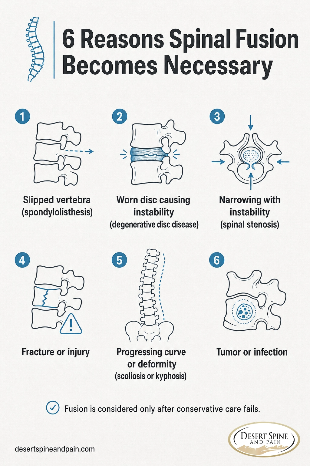 Infographic listing the six main reasons spinal fusion surgery becomes necessary, from spondylolisthesis to tumor or infection Infographic listing the six main reasons spinal fusion surgery becomes necessary, from spondylolisthesis to tumor or infection