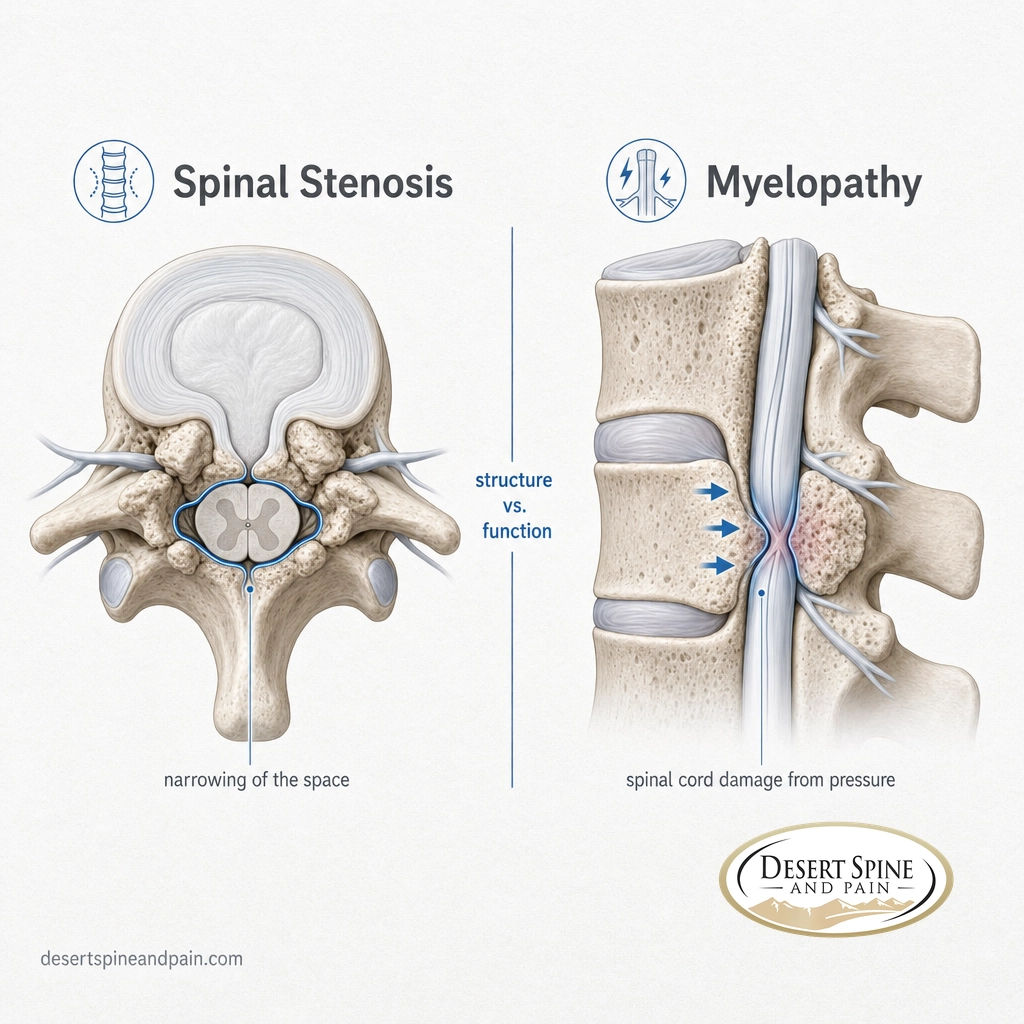 Diagram contrasting a narrowed spinal canal (stenosis) with a compressed spinal cord (myelopathy) Diagram contrasting a narrowed spinal canal (stenosis) with a compressed spinal cord (myelopathy)