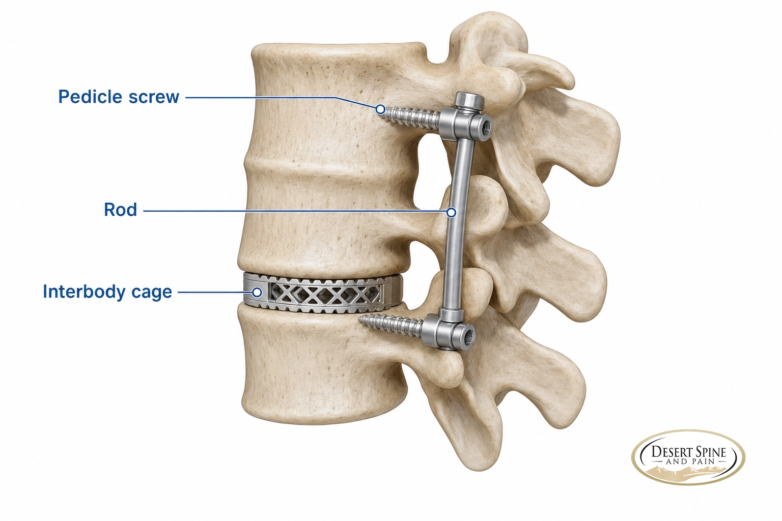 Diagram of a lumbar spinal fusion showing pedicle screws, a rod, and an interbody cage