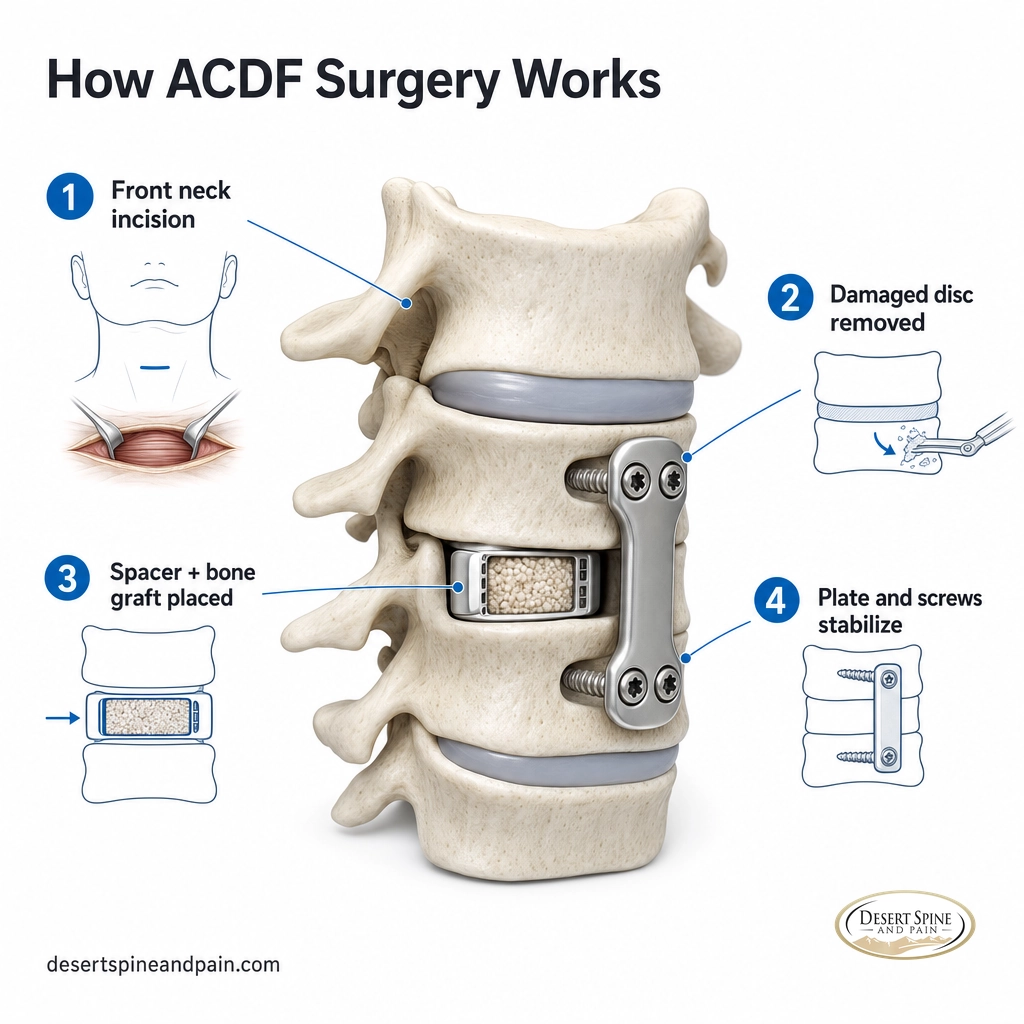 Cross-section infographic showing the ACDF steps: anterior approach, disc removal, cage with bone graft, and plate with screws