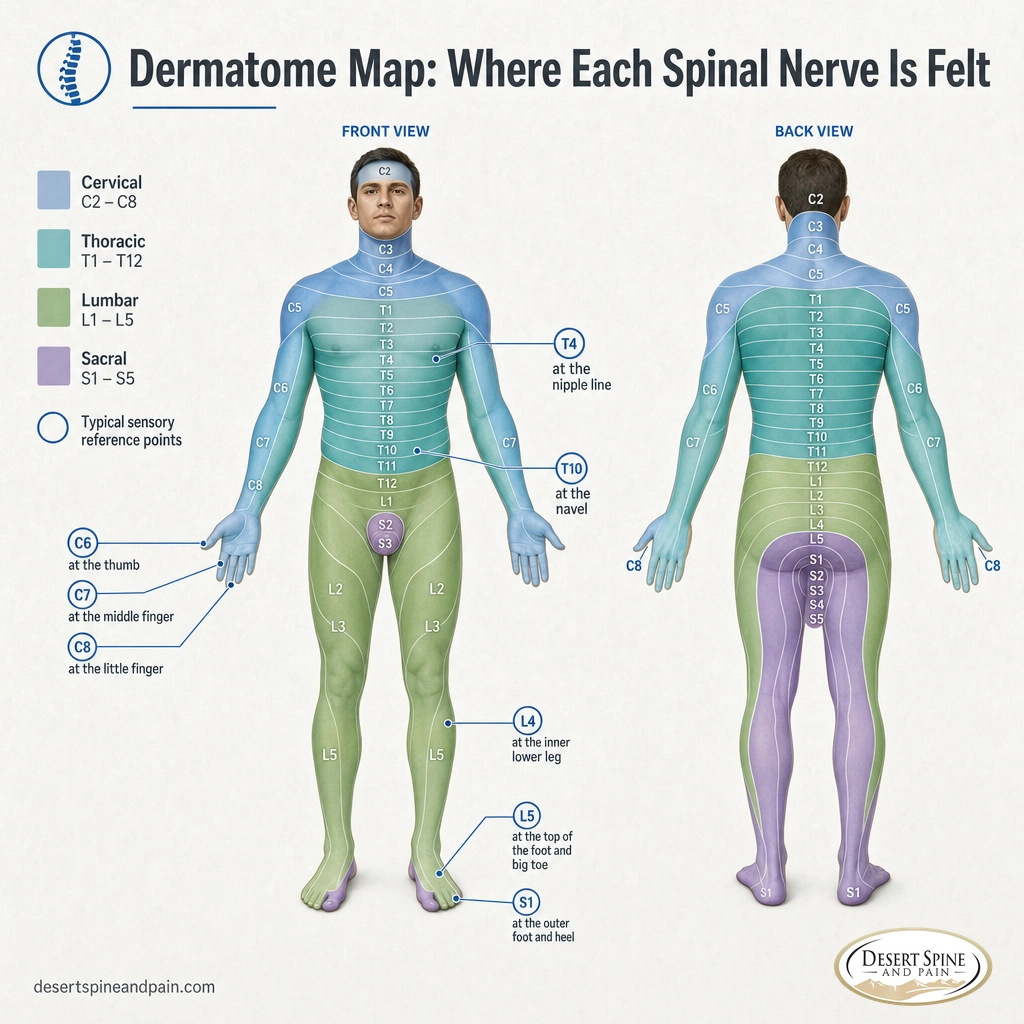 Front and back dermatome map showing the skin area served by each spinal nerve from C2 to the sacrum