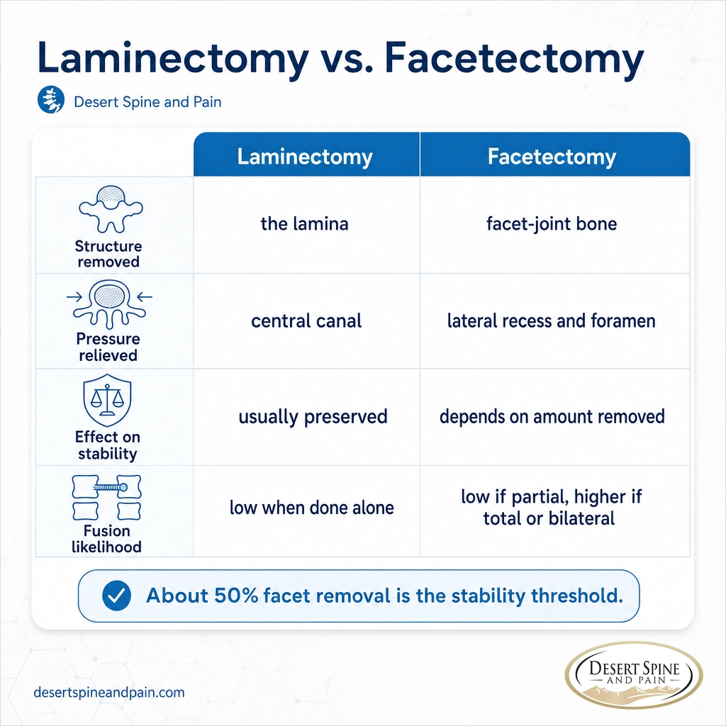 Comparison infographic of laminectomy vs facetectomy across structure removed, pressure relieved, stability, and fusion likelihood Comparison infographic of laminectomy vs facetectomy across structure removed, pressure relieved, stability, and fusion likelihood