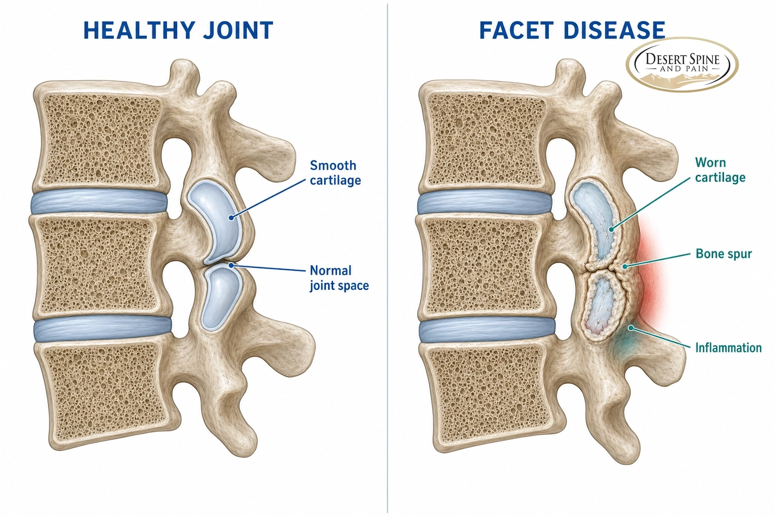 Diagram comparing a healthy facet joint with one affected by facet disease, labeled with worn cartilage, bone spur and inflammation