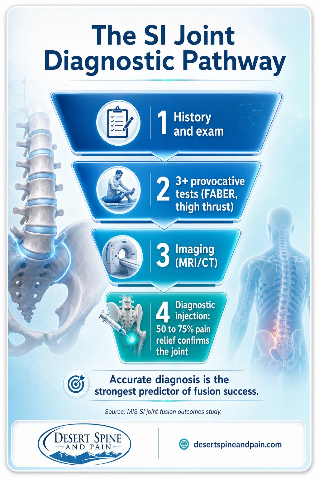 Funnel infographic showing the SI joint diagnostic pathway from exam to confirmatory injection