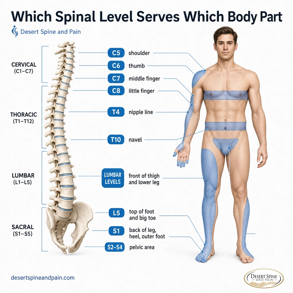 Map linking spinal levels from the cervical spine to the sacrum to the body parts each nerve serves