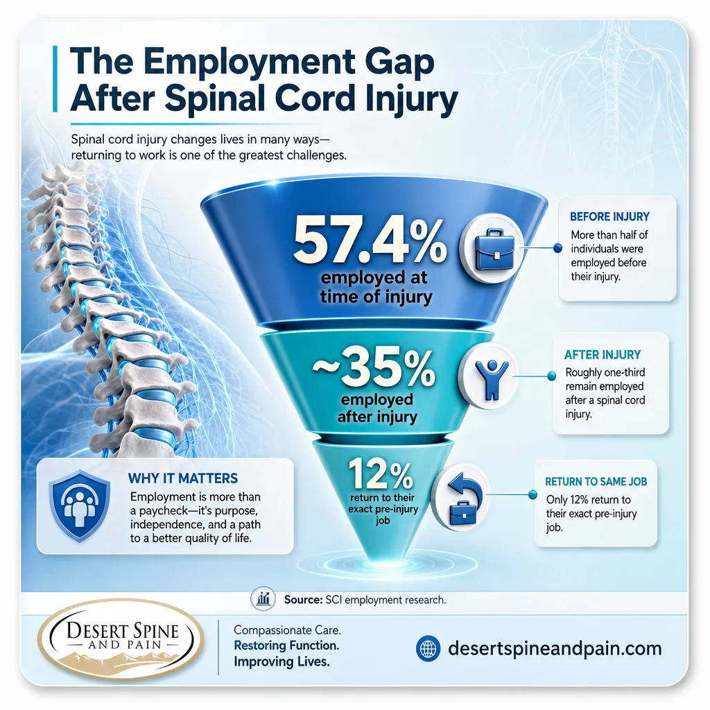 Funnel infographic: 57.4% employed at injury, 35% after, 12% return to same job