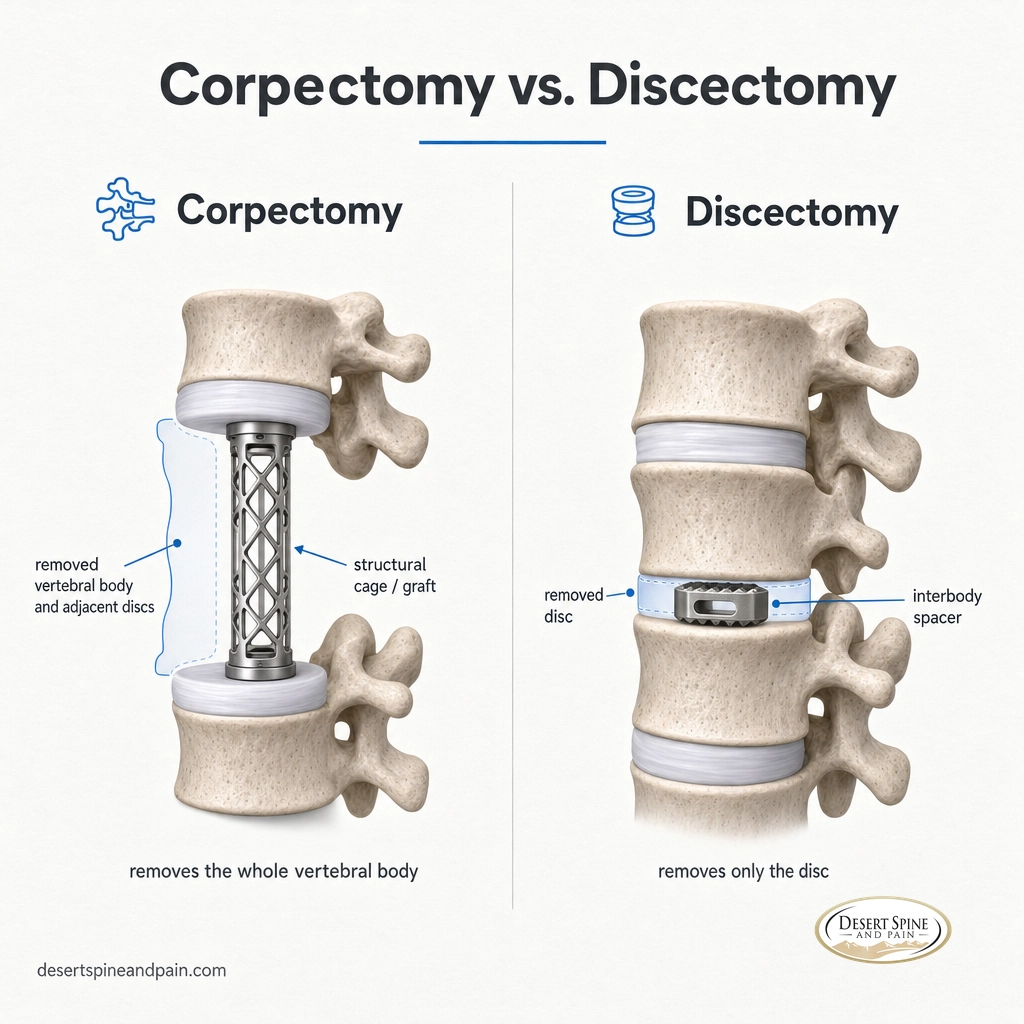 Side-by-side diagram comparing a corpectomy removing a vertebral body to a discectomy removing only a disc