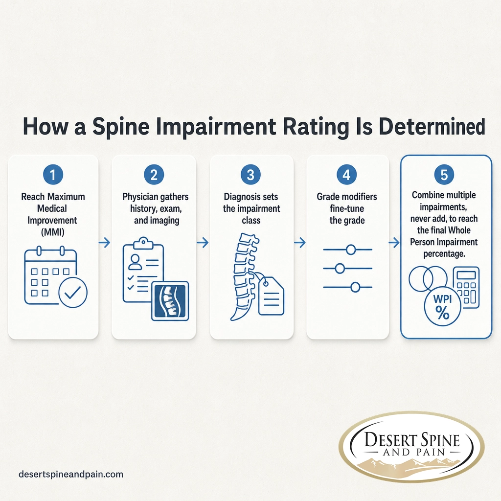 Five-step process infographic for determining a spine impairment rating Five-step process infographic for determining a spine impairment rating