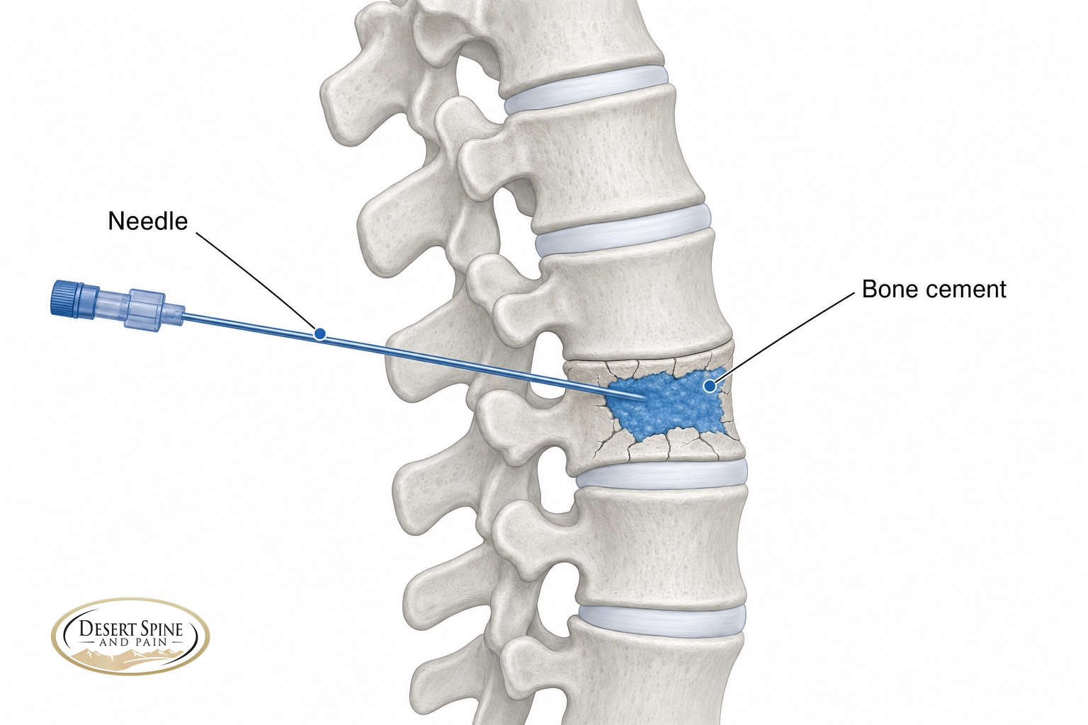 Diagram of vertebroplasty: bone cement injected through a needle into a fractured vertebra