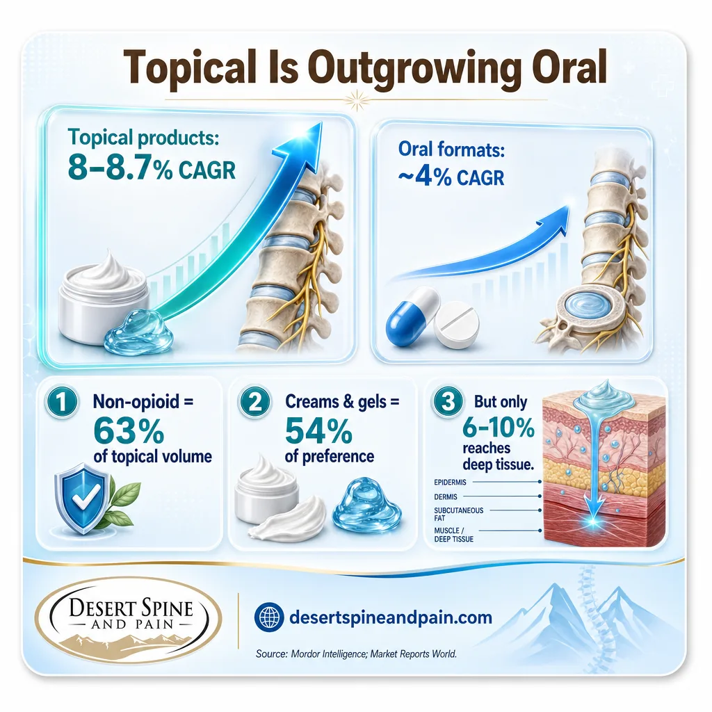 Infographic showing topical pain relief growing 8-8.7% CAGR versus about 4% for oral, but only 6-10% deep-tissue penetration