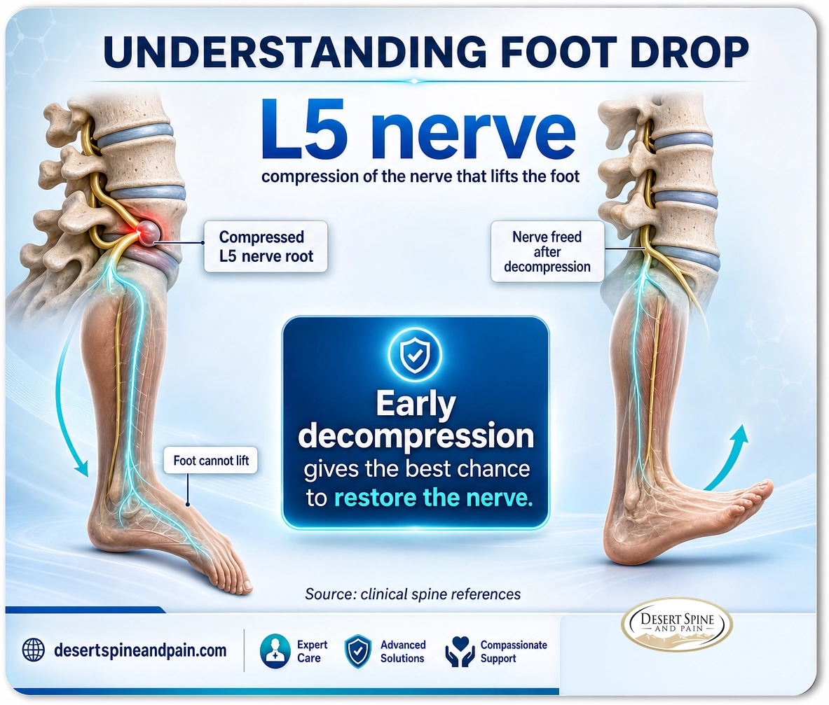 Foot drop: compression of the L5 nerve root that lifts the foot; early decompression gives the best chance of recovery