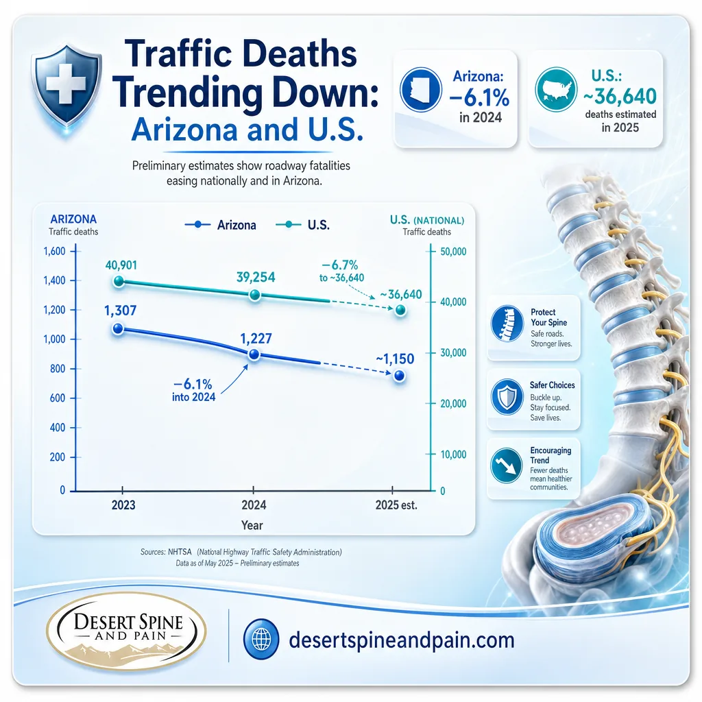 Line chart showing Arizona and US traffic deaths trending downward from 2023 through 2025 estimate