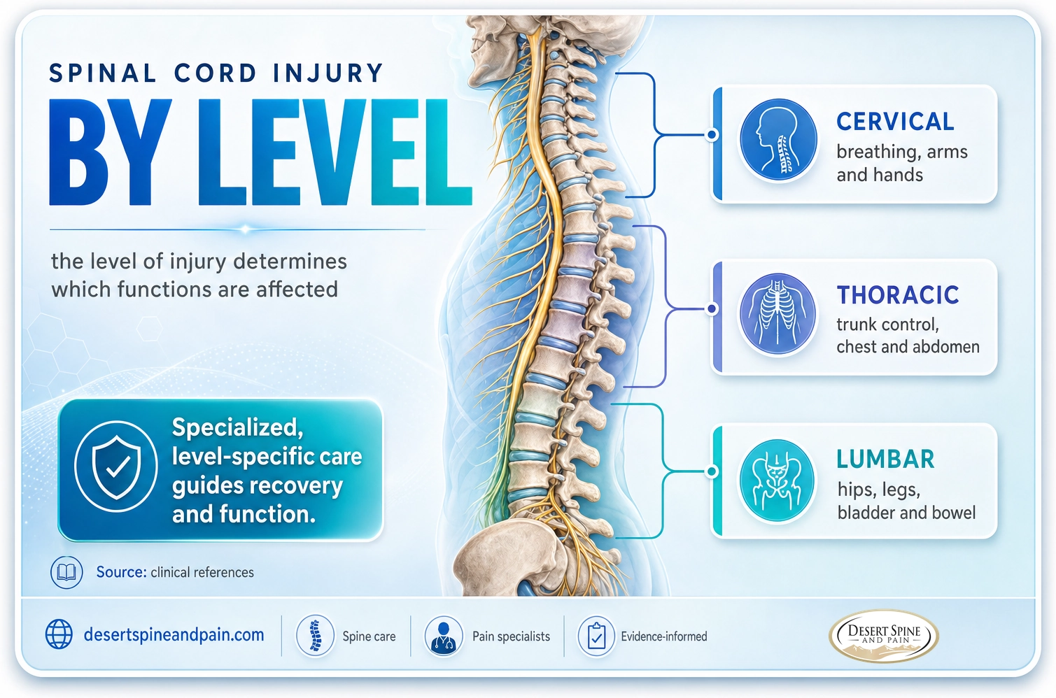 Spinal cord injury: the level of injury (cervical, thoracic, or lumbar) determines which body functions are affected