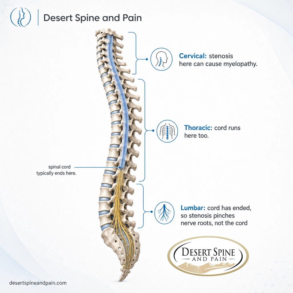 Spine diagram showing the spinal cord ending near L1 to L2 and where stenosis can cause myelopathy Spine diagram showing the spinal cord ending near L1 to L2 and where stenosis can cause myelopathy