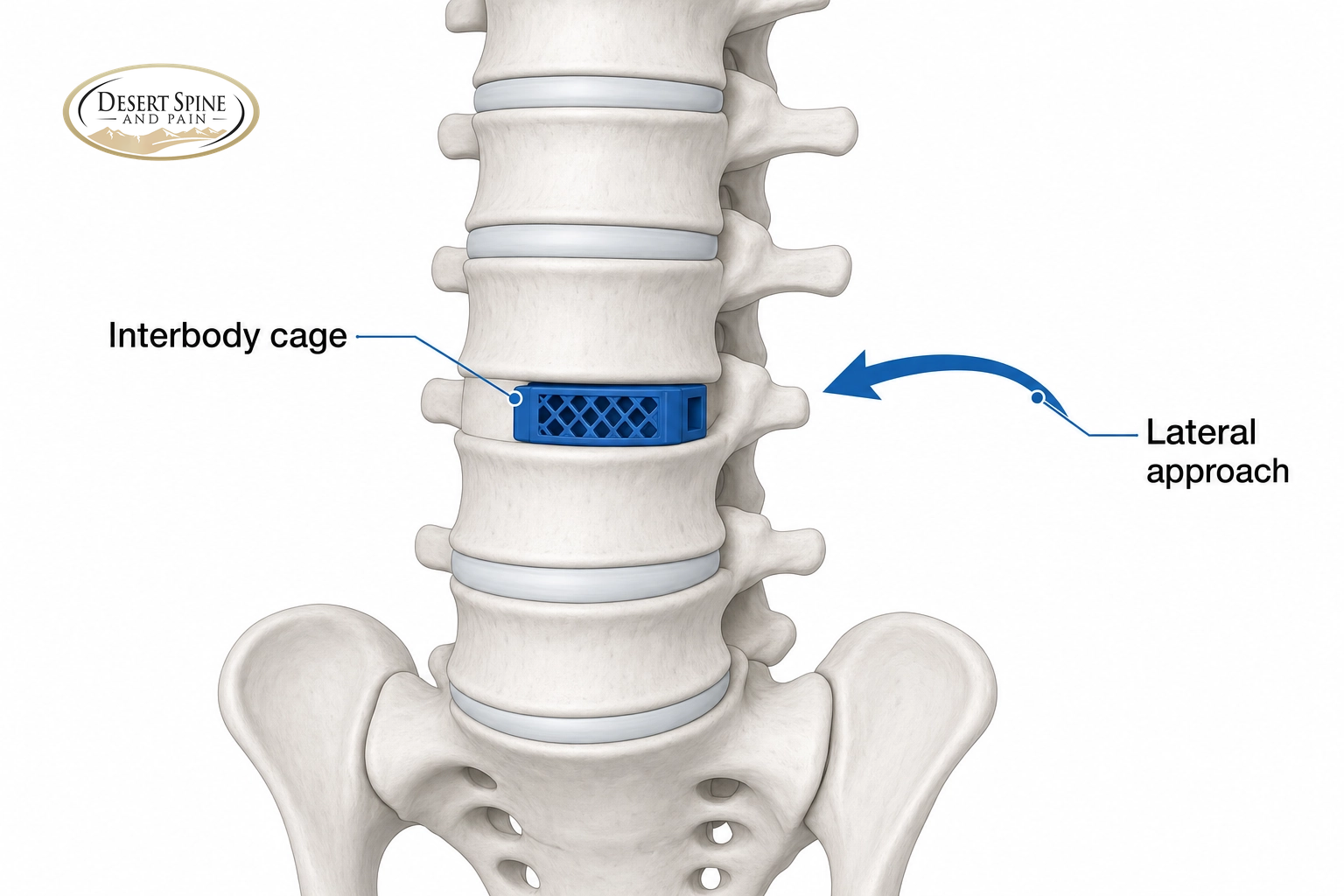 Lumbar spine diagram showing an XLIF interbody cage placed from the side