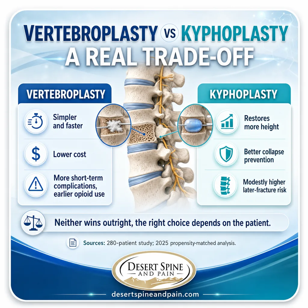 Two-column infographic comparing vertebroplasty and kyphoplasty strengths and trade-offs Two-column infographic comparing vertebroplasty and kyphoplasty strengths and trade-offs
