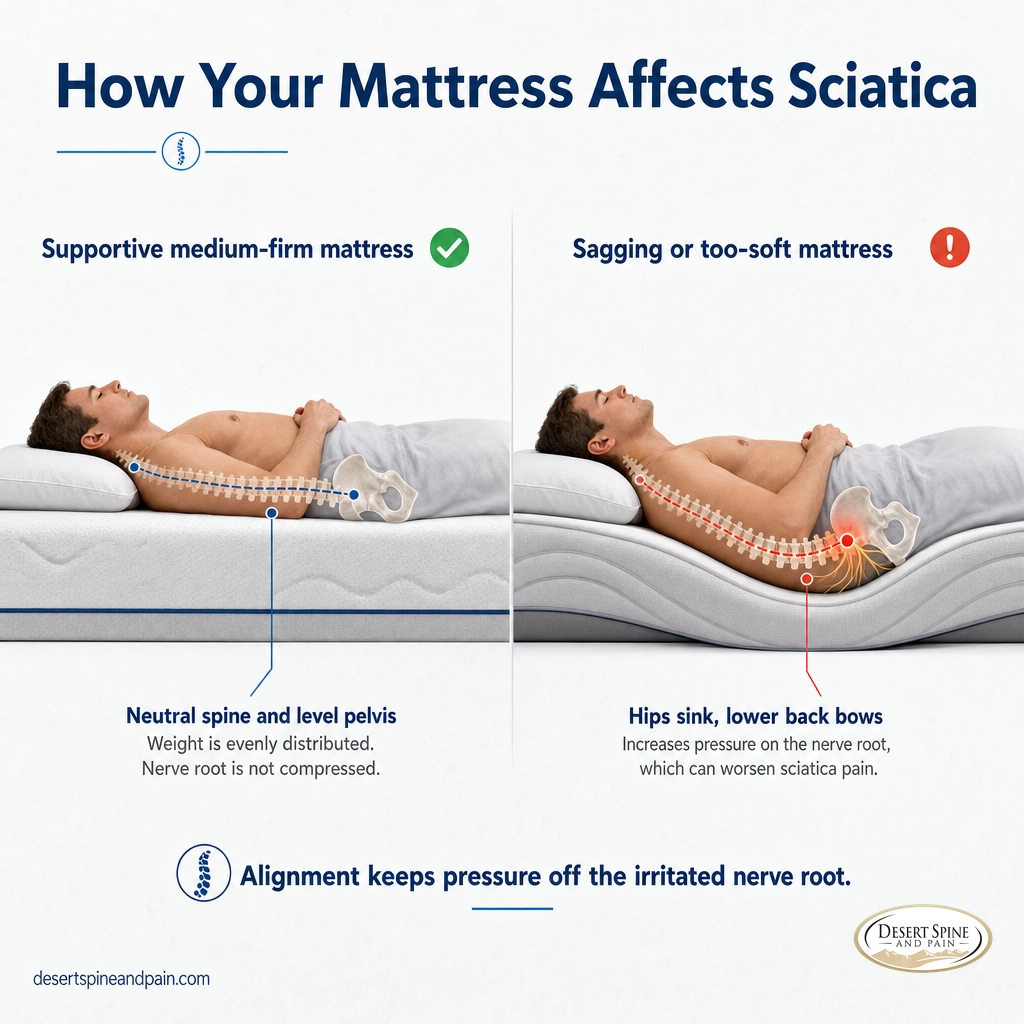 Infographic comparing a neutral spine on a medium-firm mattress with a bowed spine on a sagging mattress