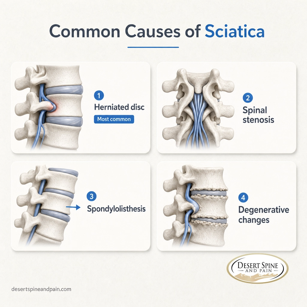 Four-card diagram of sciatica causes: herniated disc, spinal stenosis, spondylolisthesis, and degenerative changes Four-card diagram of sciatica causes: herniated disc, spinal stenosis, spondylolisthesis, and degenerative changes