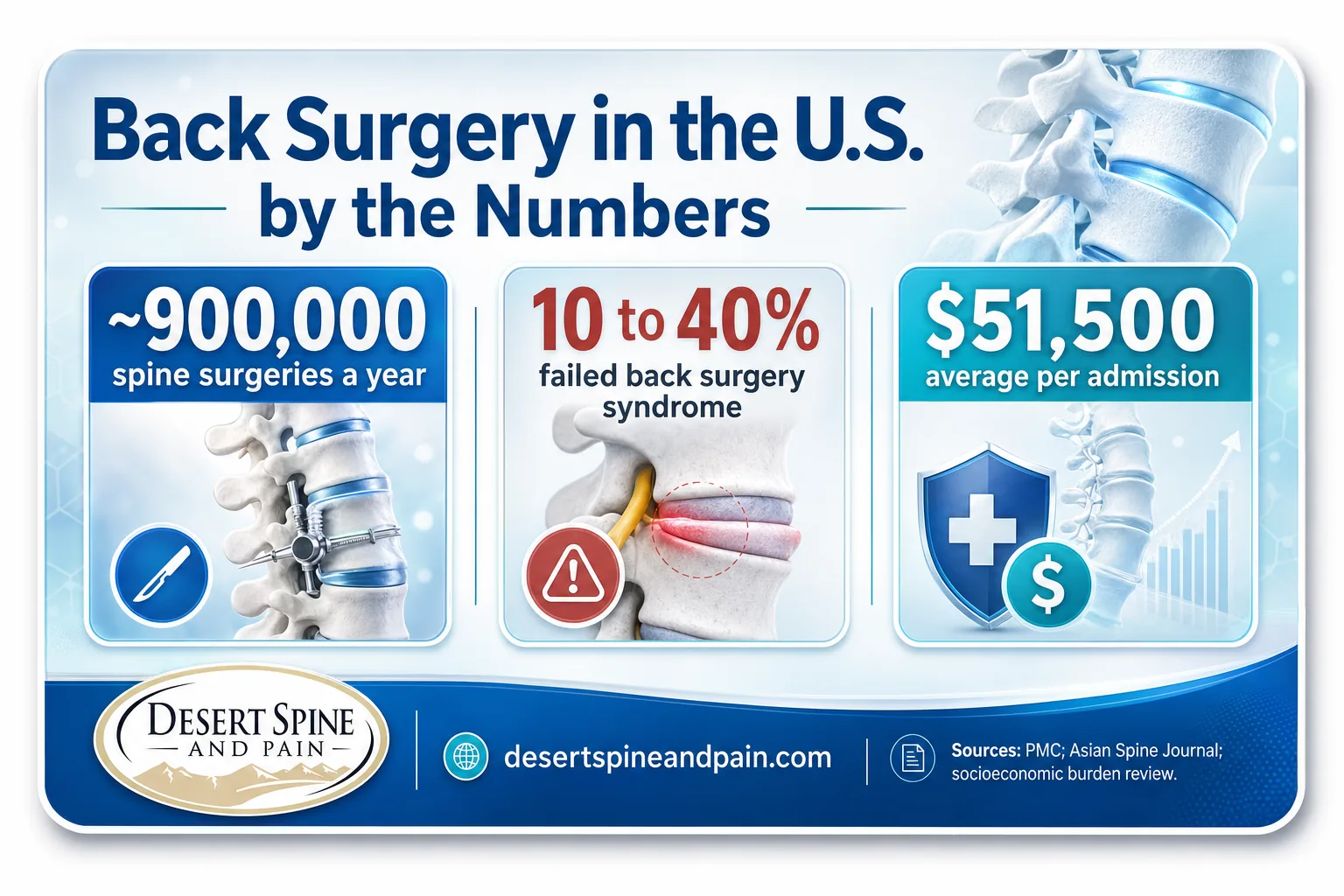 Infographic showing 900000 annual spine surgeries, failed back surgery syndrome rate, and average cost