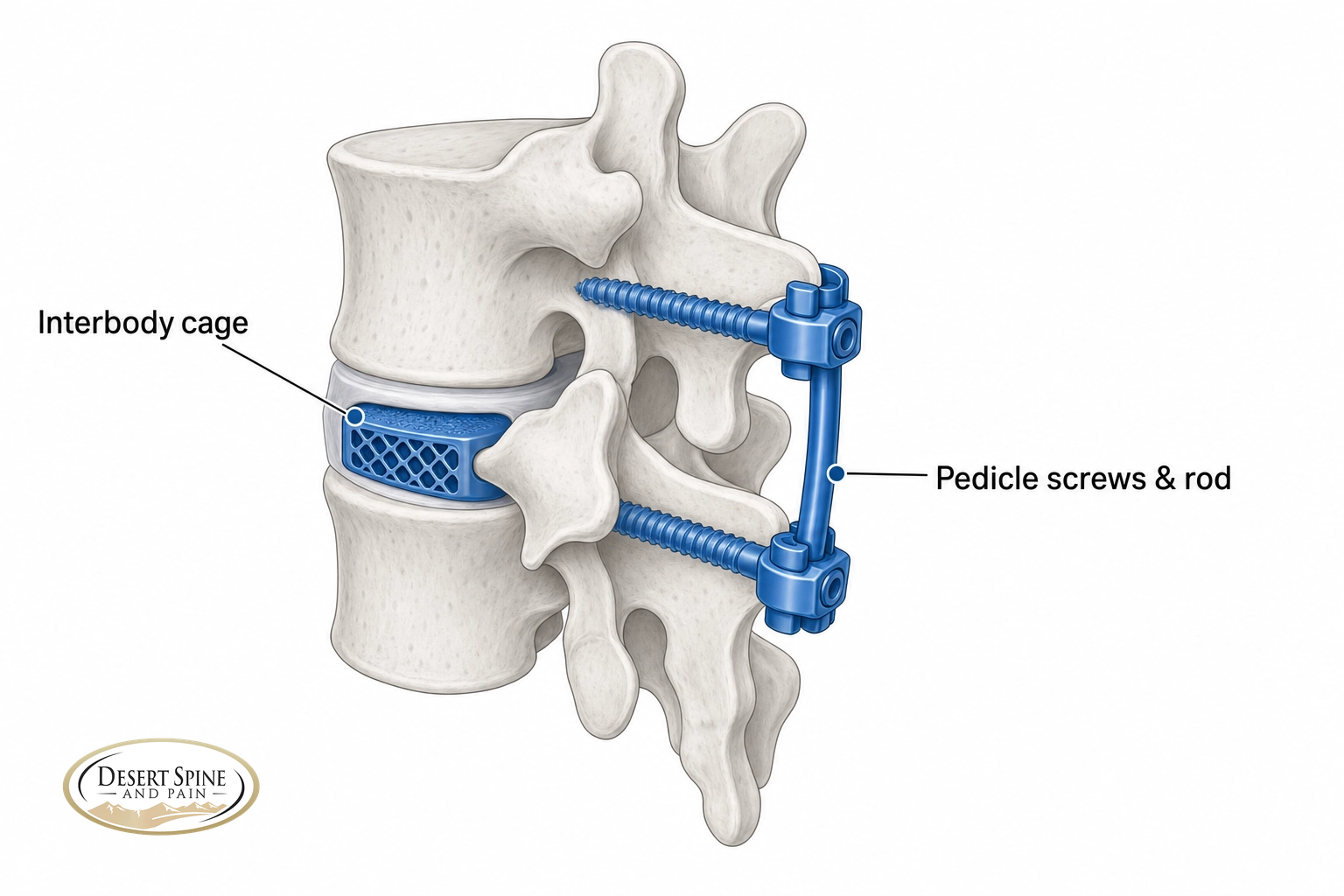Lumbar spine diagram showing a TLIF interbody cage and pedicle screws with a rod