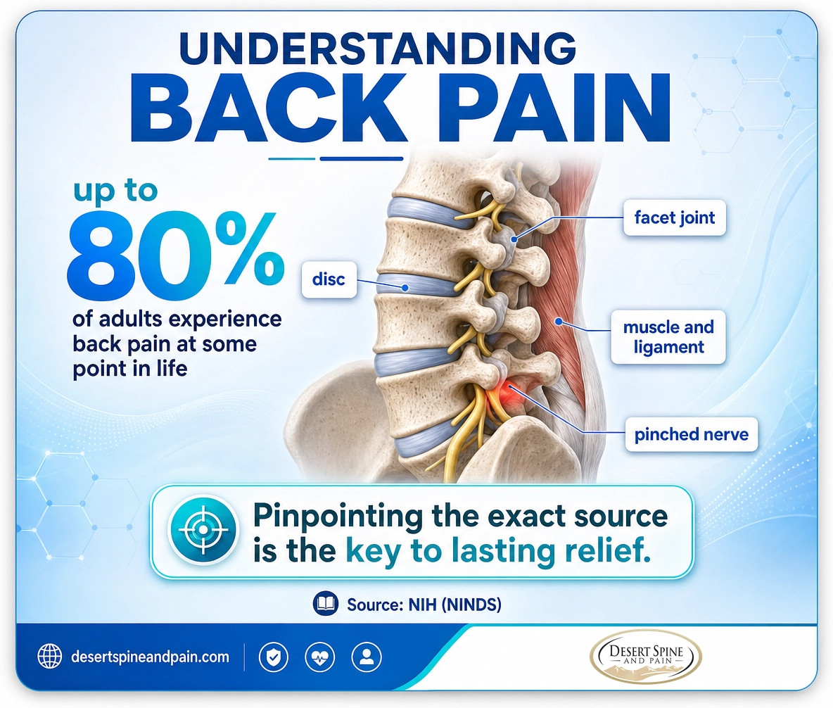 Back pain: up to 80 percent of adults experience it at some point; the four common sources are the disc, facet joint, muscle and ligament, and pinched nerve
