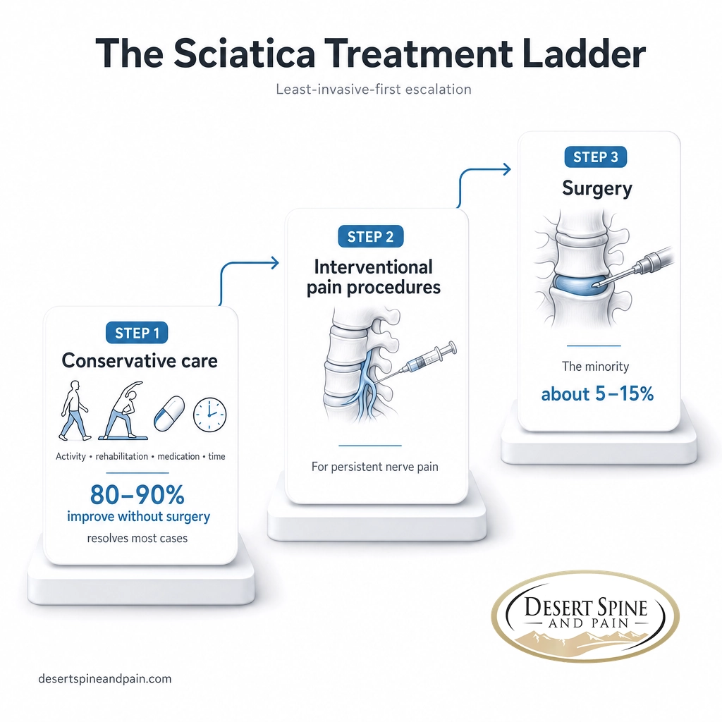 Three-step sciatica treatment ladder: conservative care, then injections, then surgery for the minority Three-step sciatica treatment ladder: conservative care, then injections, then surgery for the minority