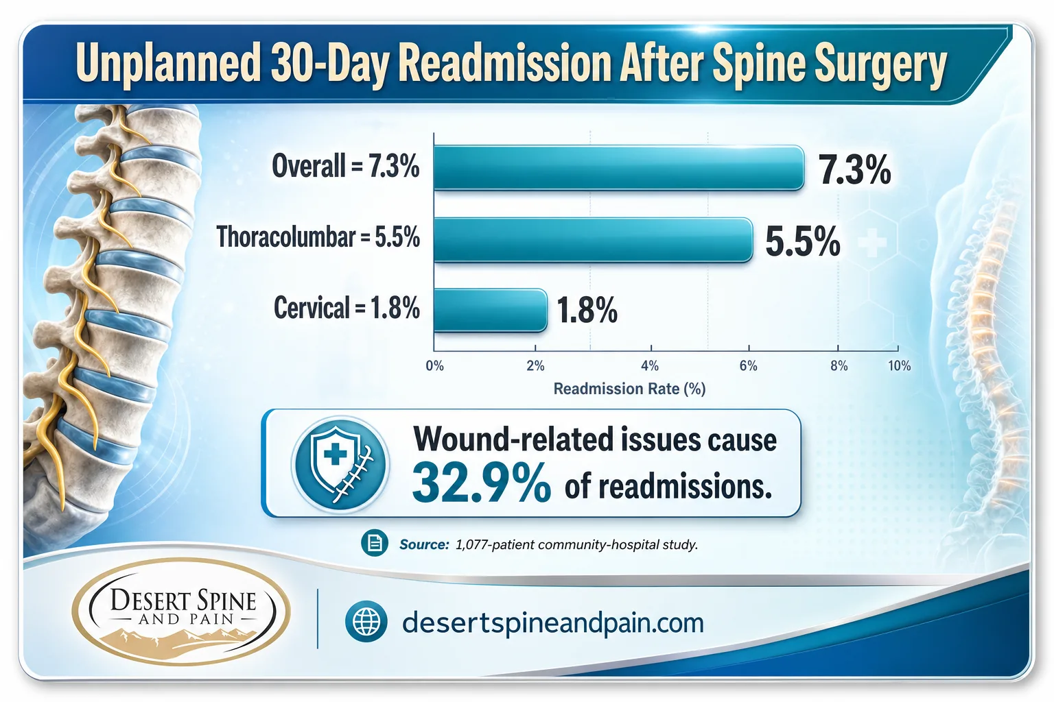 Bar chart of 30-day spine surgery readmission rates overall, thoracolumbar, and cervical Bar chart of 30-day spine surgery readmission rates overall, thoracolumbar, and cervical