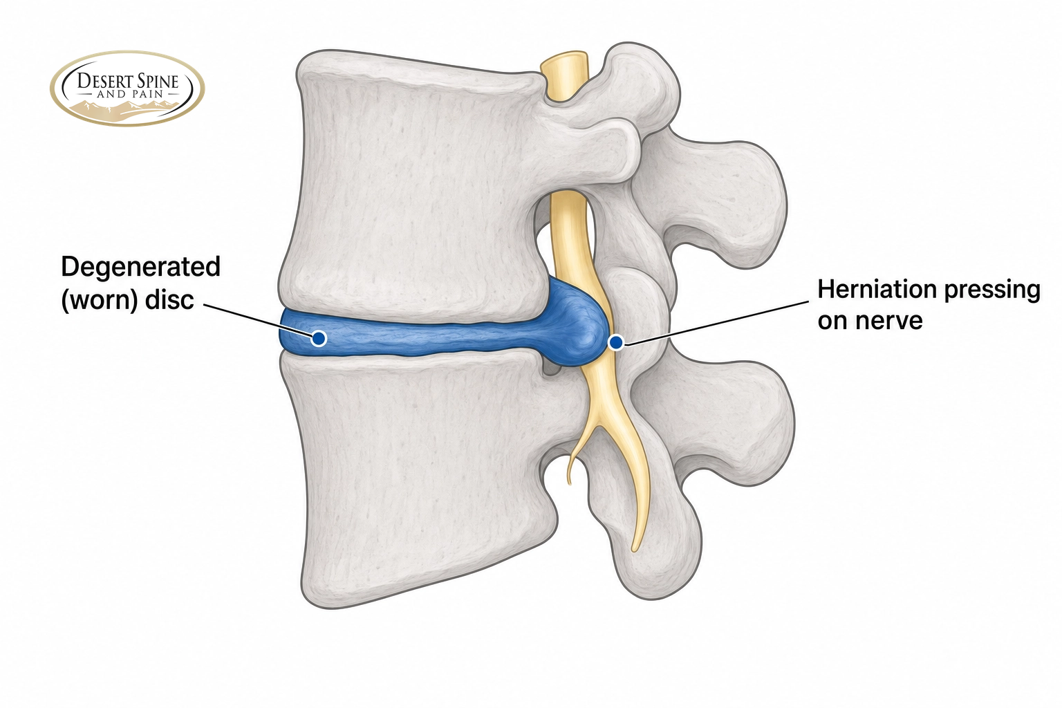Lateral diagram of a degenerated, flattened disc that has herniated and is pressing on a spinal nerve