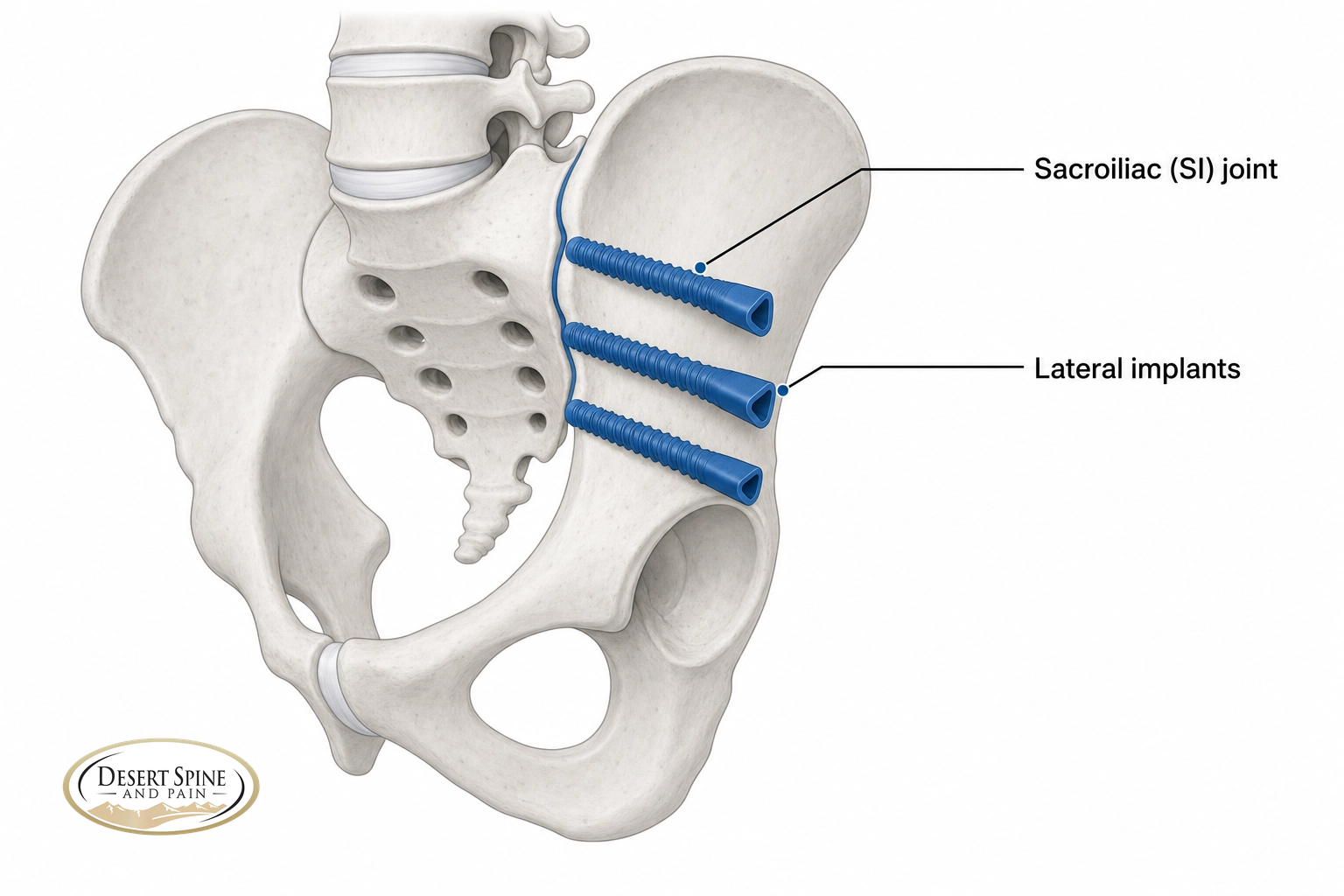 Diagram showing lateral implants placed across the sacroiliac joint