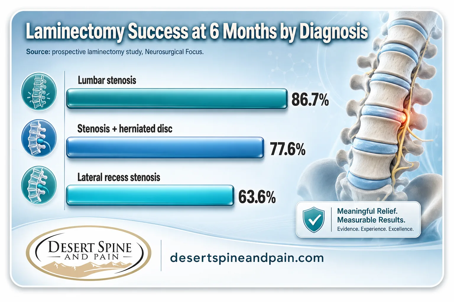 Bar chart of laminectomy success rates by stenosis type including lumbar and lateral recess stenosis Bar chart of laminectomy success rates by stenosis type including lumbar and lateral recess stenosis