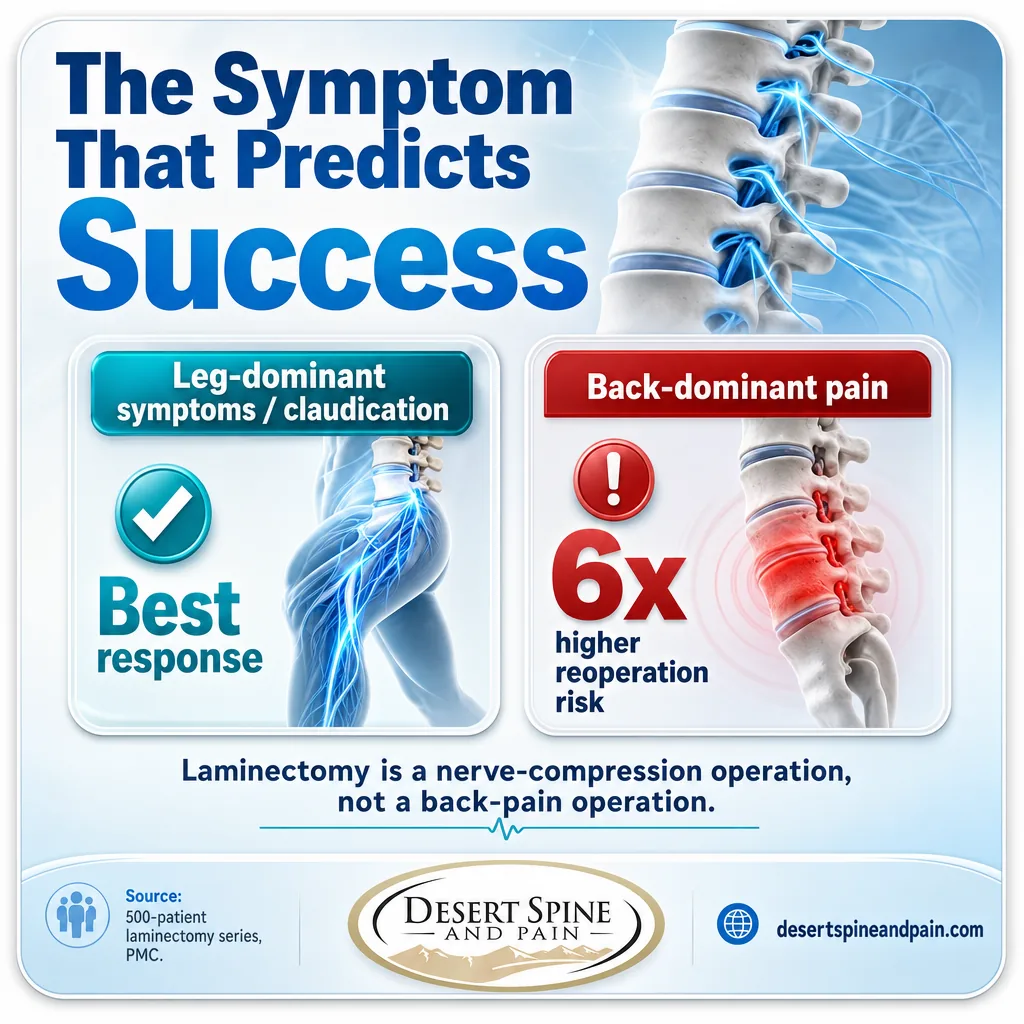 Infographic contrasting leg-dominant versus back-dominant symptoms and laminectomy reoperation risk Infographic contrasting leg-dominant versus back-dominant symptoms and laminectomy reoperation risk