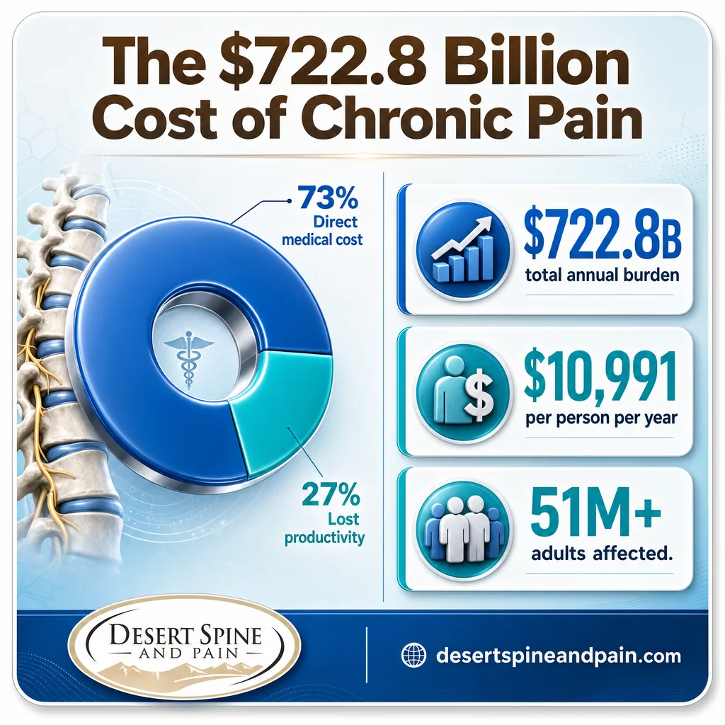 Infographic showing chronic pain costs the U.S. $722.8 billion yearly, split 73% medical and 27% productivity Infographic showing chronic pain costs the U.S. $722.8 billion yearly, split 73% medical and 27% productivity