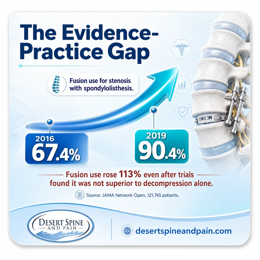 Infographic showing lumbar fusion use rising from 67 to 90 percent between 2016 and 2019 Infographic showing lumbar fusion use rising from 67 to 90 percent between 2016 and 2019