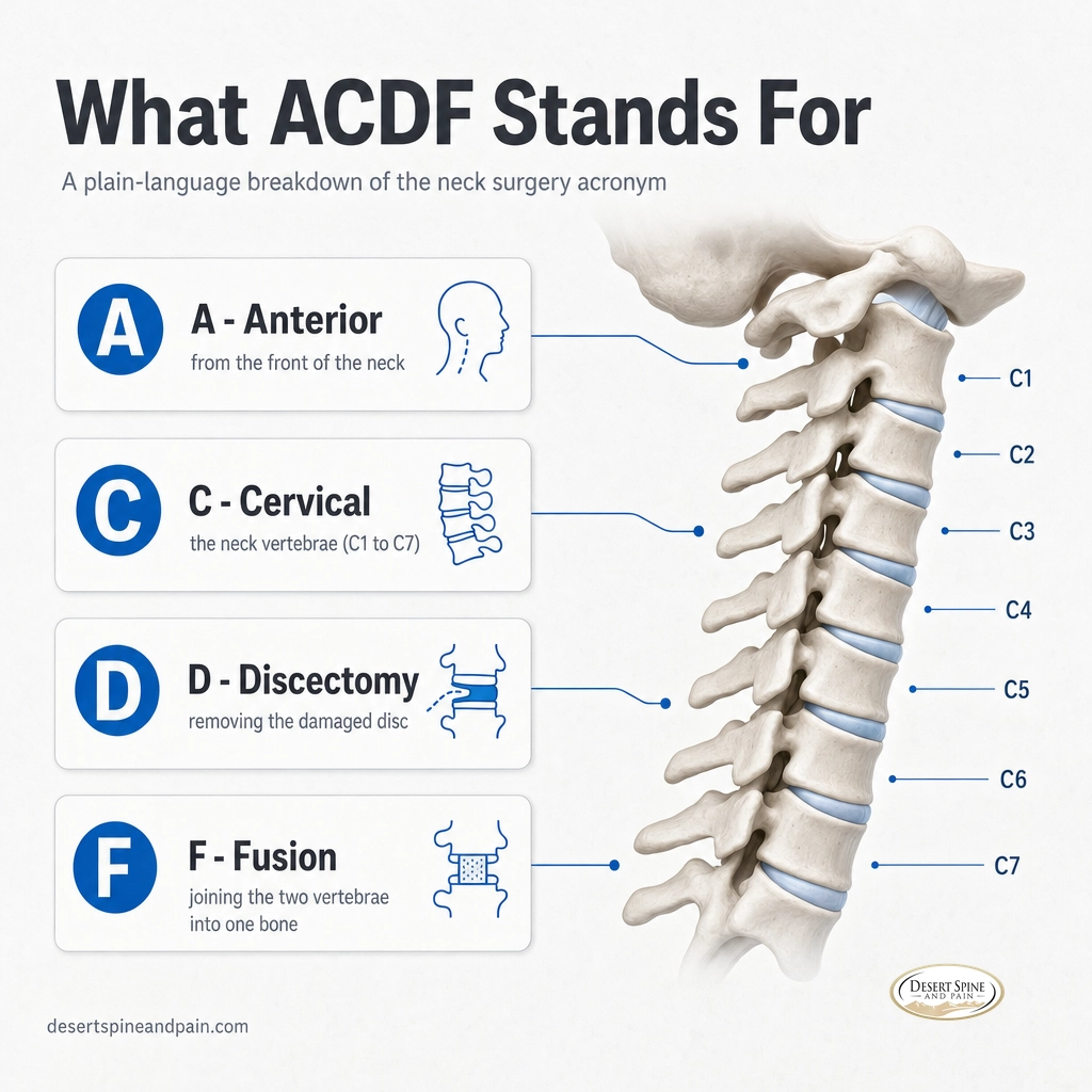 Infographic defining ACDF as Anterior Cervical Discectomy and Fusion with each term explained