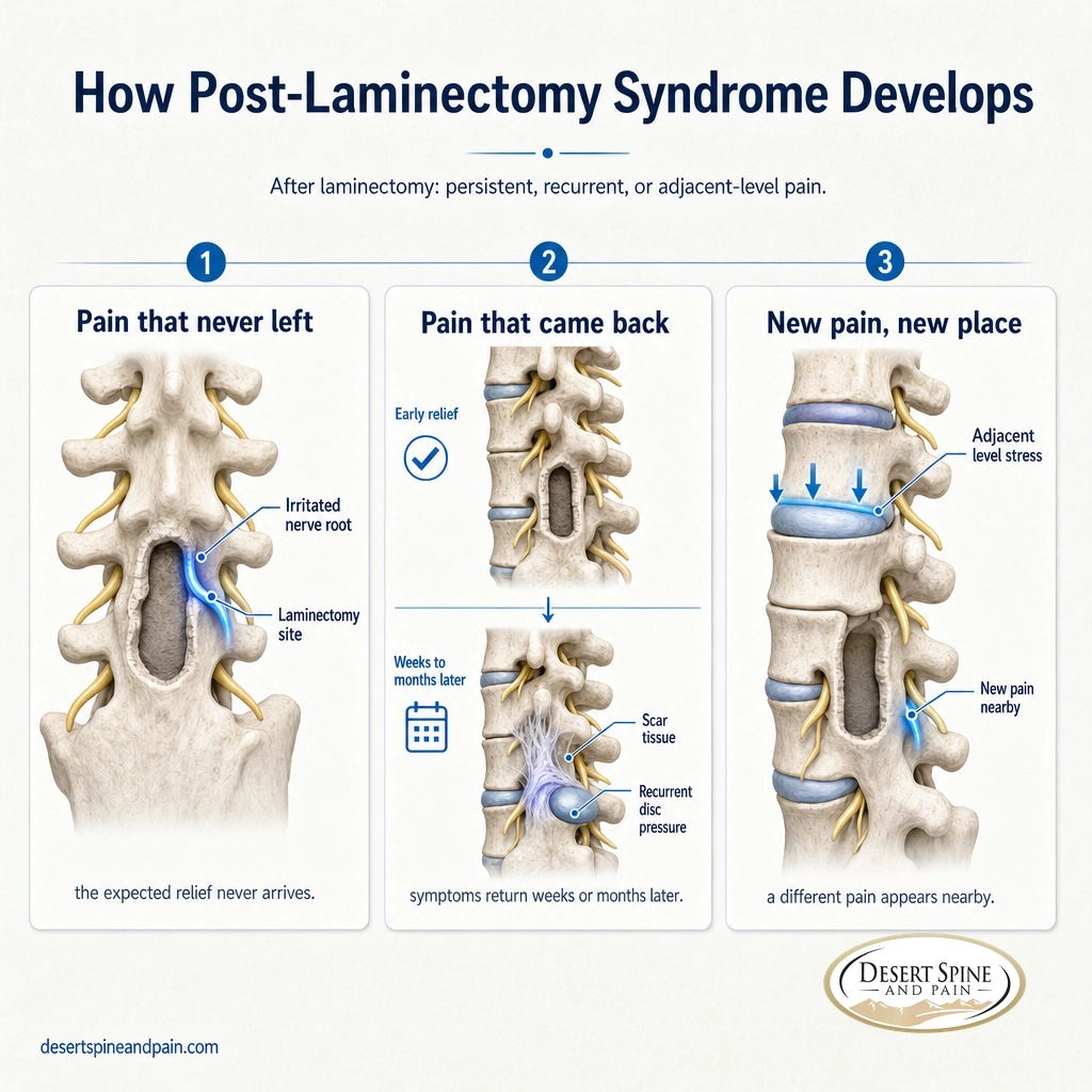 Three-panel diagram showing pain that never left, pain that returned, and new adjacent pain after a laminectomy