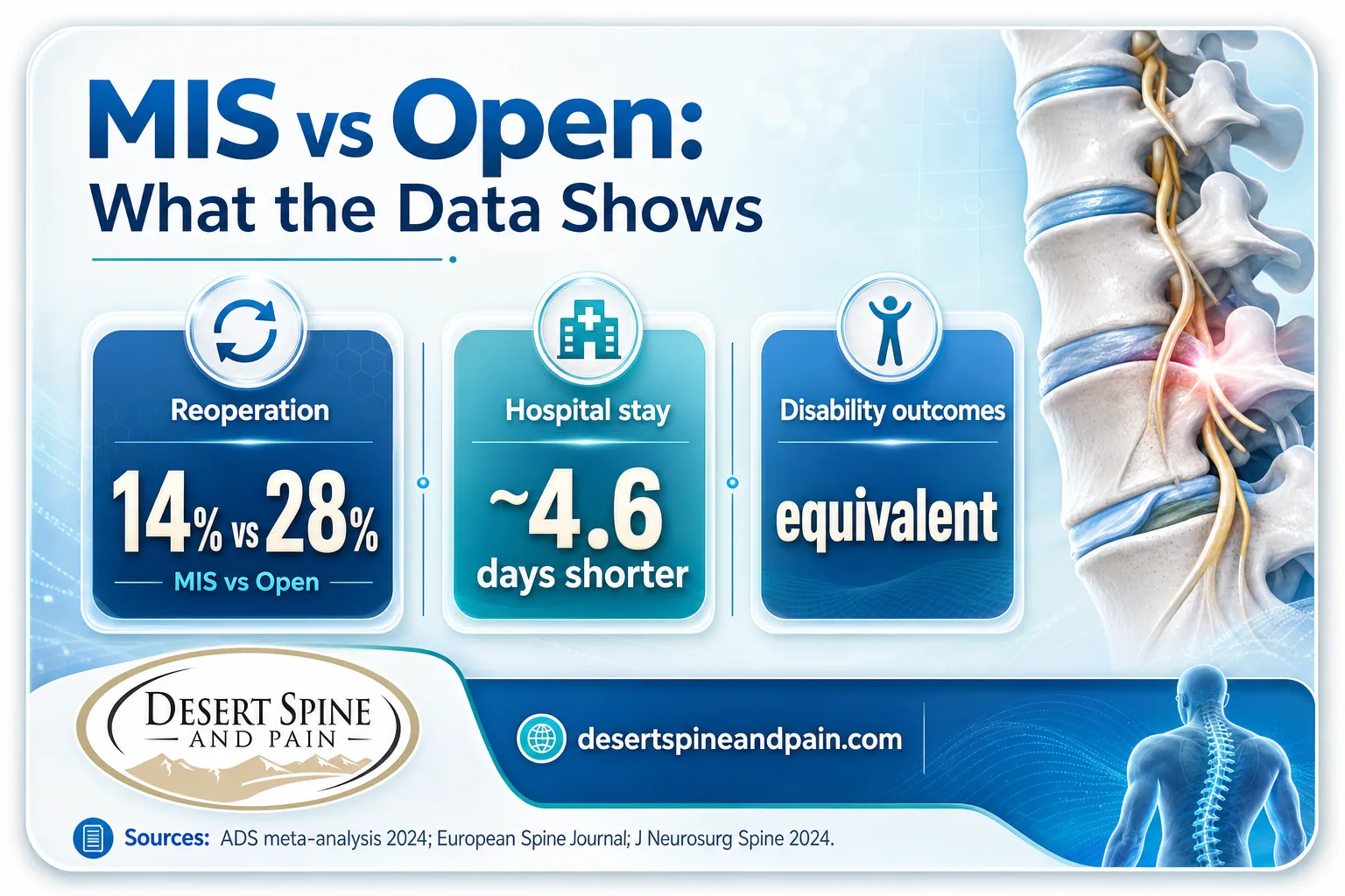 Infographic showing MIS vs open reoperation, hospital stay, and equivalent disability outcomes Infographic showing MIS vs open reoperation, hospital stay, and equivalent disability outcomes